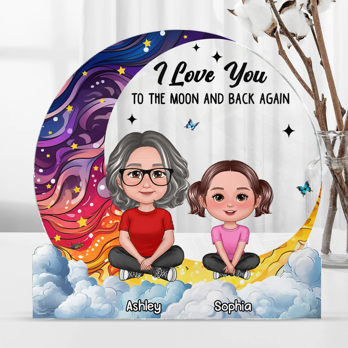 Love You To The Moon Grandma & Grandkids Sitting Crossed Legs Personalized Acrylic Block Plaque - Image 3