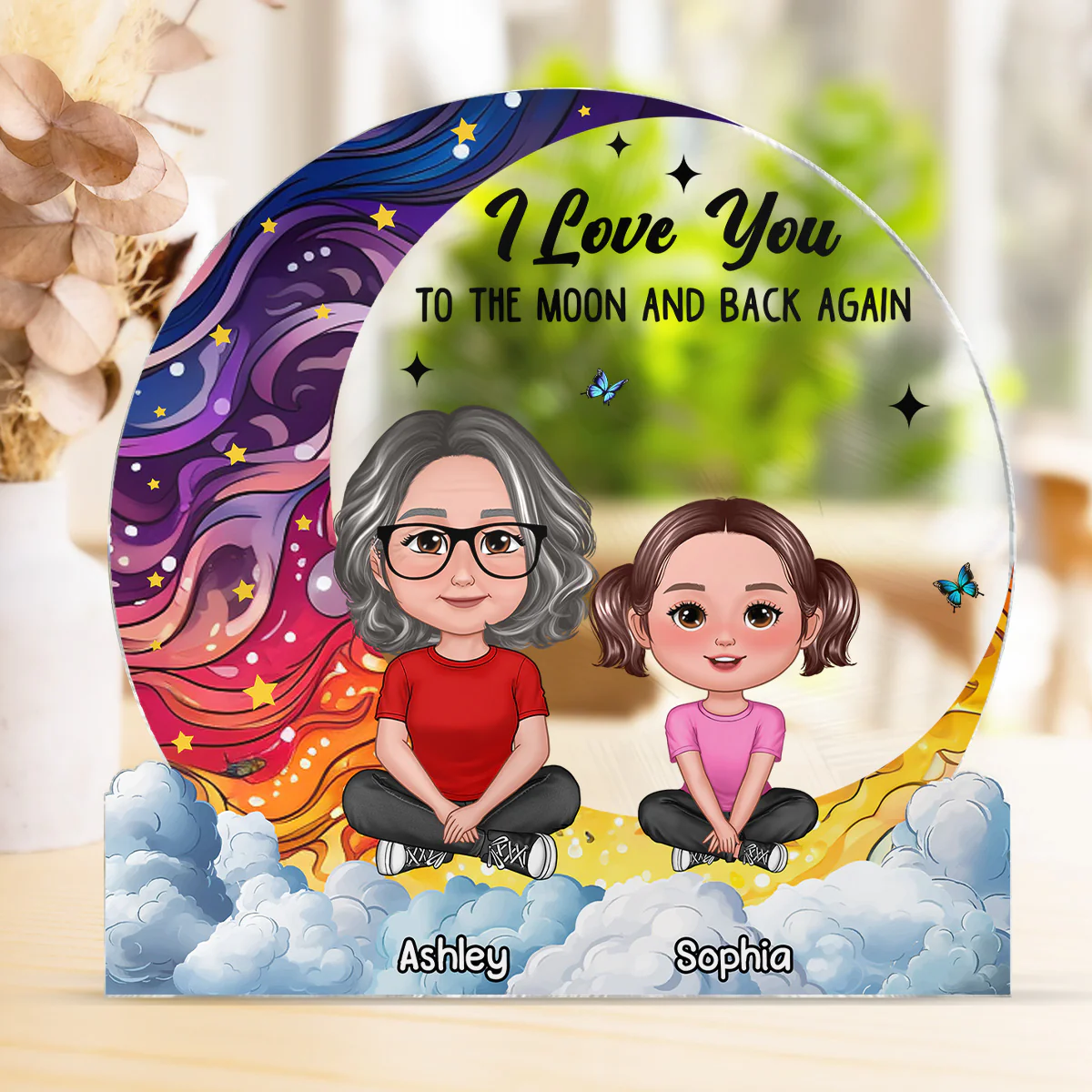 Love You To The Moon Grandma & Grandkids Sitting Crossed Legs Personalized Acrylic Block Plaque - Image 4