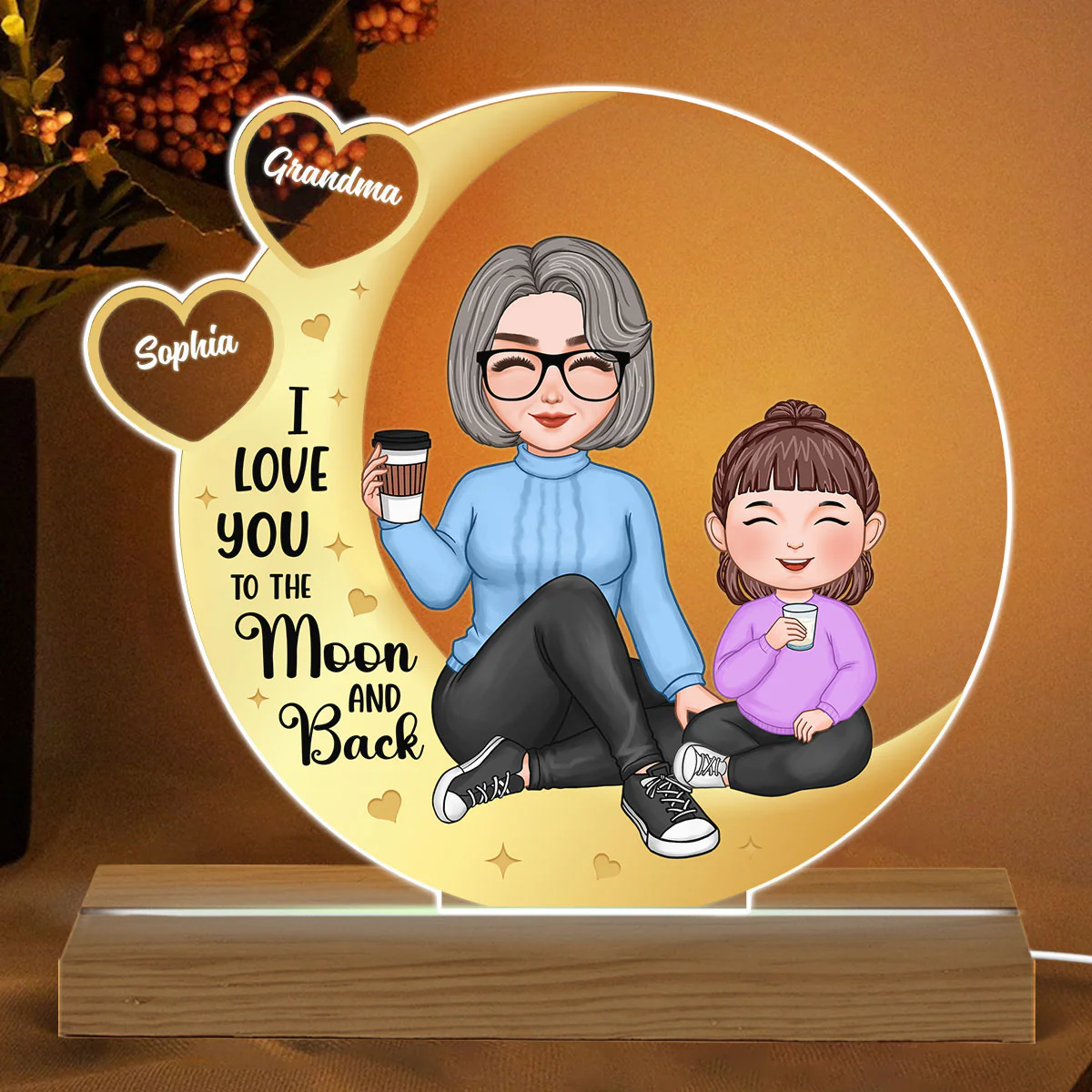 Love You To The Moon Yellow Moon Hearts Cute Grandma & Grandkid Sitting Personalized Acrylic Plaque With LED Night Light - Image 2