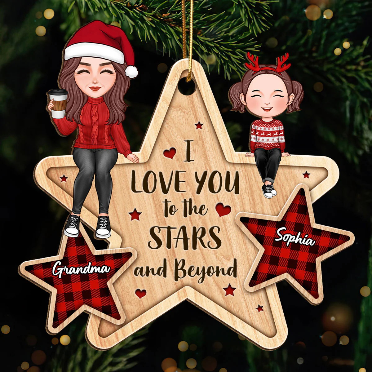 Love You To The Stars & Beyond Cute Grandma Grandkid Sitting Personalized Wooden Ornament - Image 2