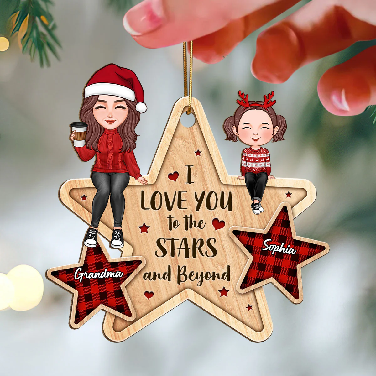 Love You To The Stars & Beyond Cute Grandma Grandkid Sitting Personalized Wooden Ornament - Image 3