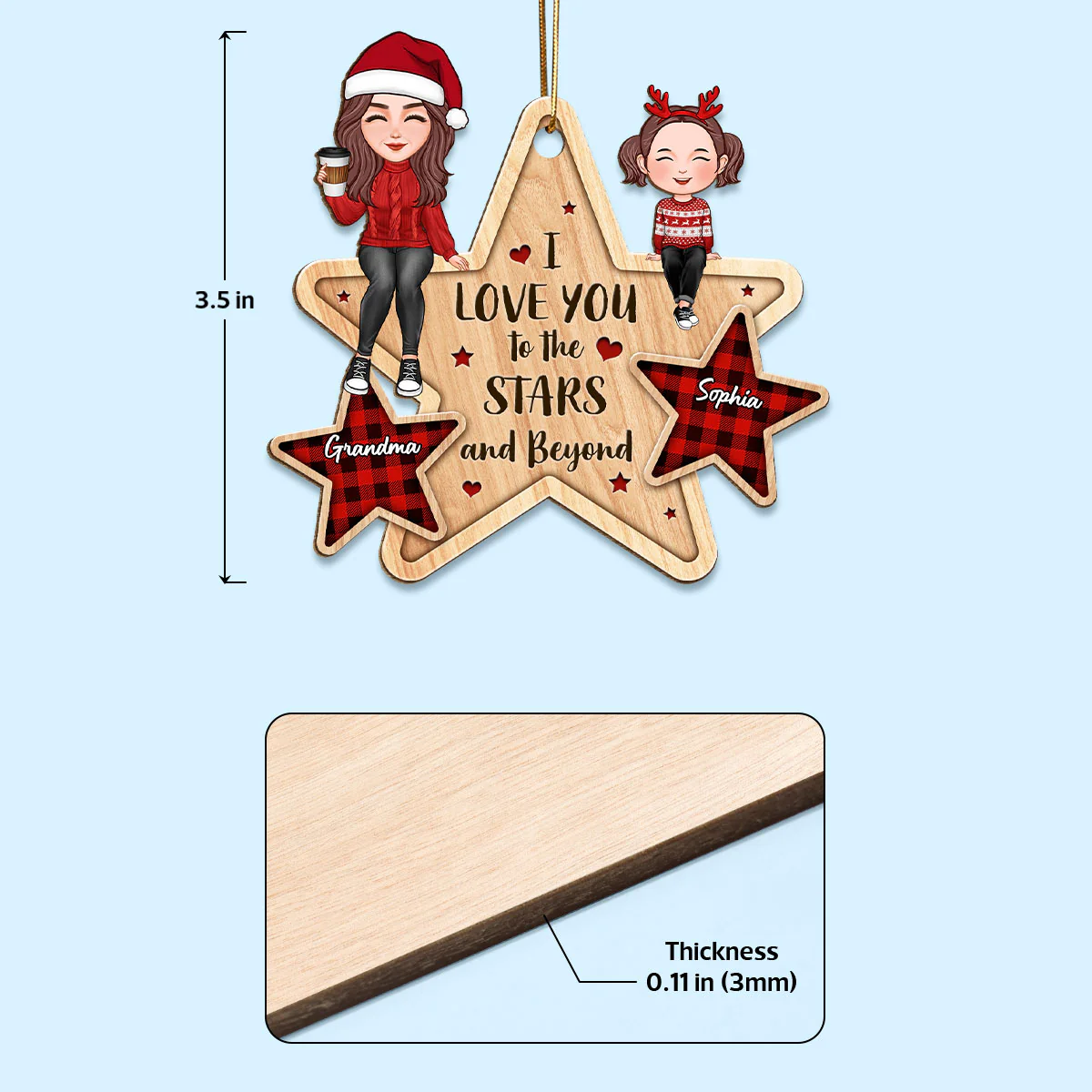 Love You To The Stars & Beyond Cute Grandma Grandkid Sitting Personalized Wooden Ornament - Image 4