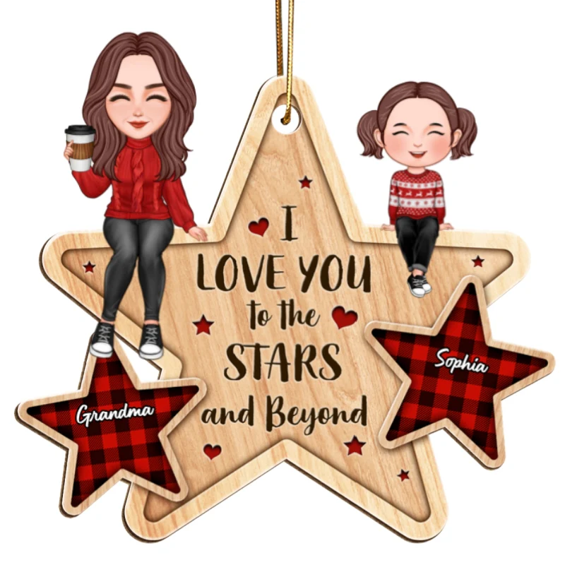 Love You To The Stars & Beyond Cute Grandma Grandkid Sitting Personalized Wooden Ornament - Image 5