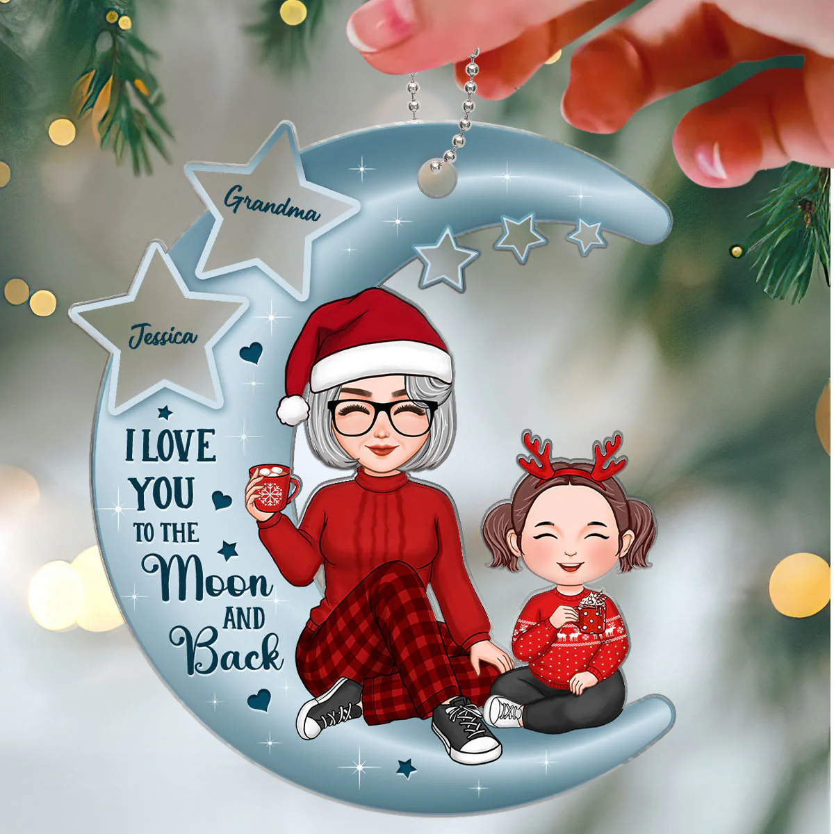 Love You To The Stars Cute Grandma Grandkid Sitting Personalized Acrylic Ornament - Image 3