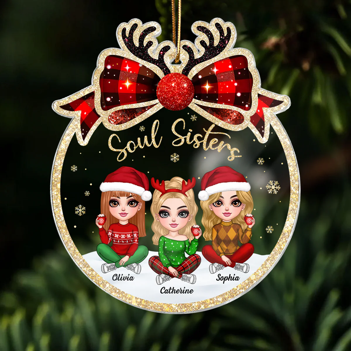 Lovely Besties Christmas Bow Personalized Acrylic Ornament, Christmas Gift For Best Friends - Image 3