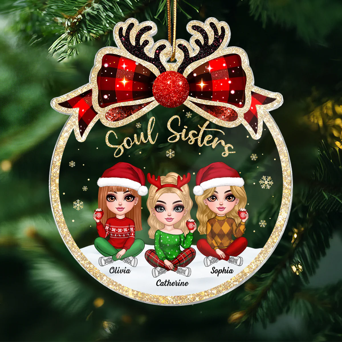Lovely Besties Christmas Bow Personalized Acrylic Ornament, Christmas Gift For Best Friends - Image 4
