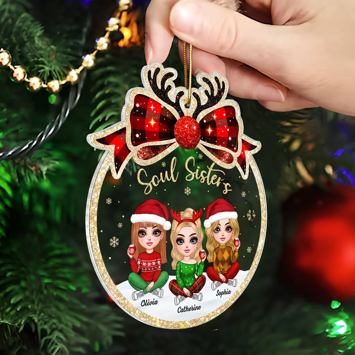 Lovely Besties Christmas Bow Personalized Acrylic Ornament, Christmas Gift For Best Friends - Image 5