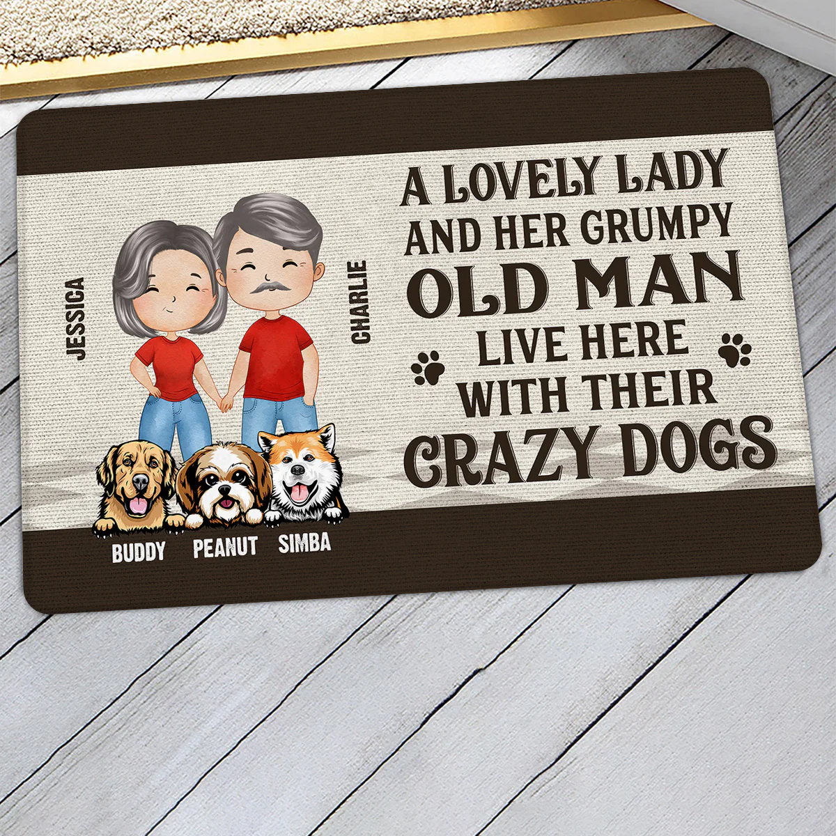 Lovely Lady Grumpy Old Man Watercolor Couple Dog Lovers Personalized Doormat - Image 3