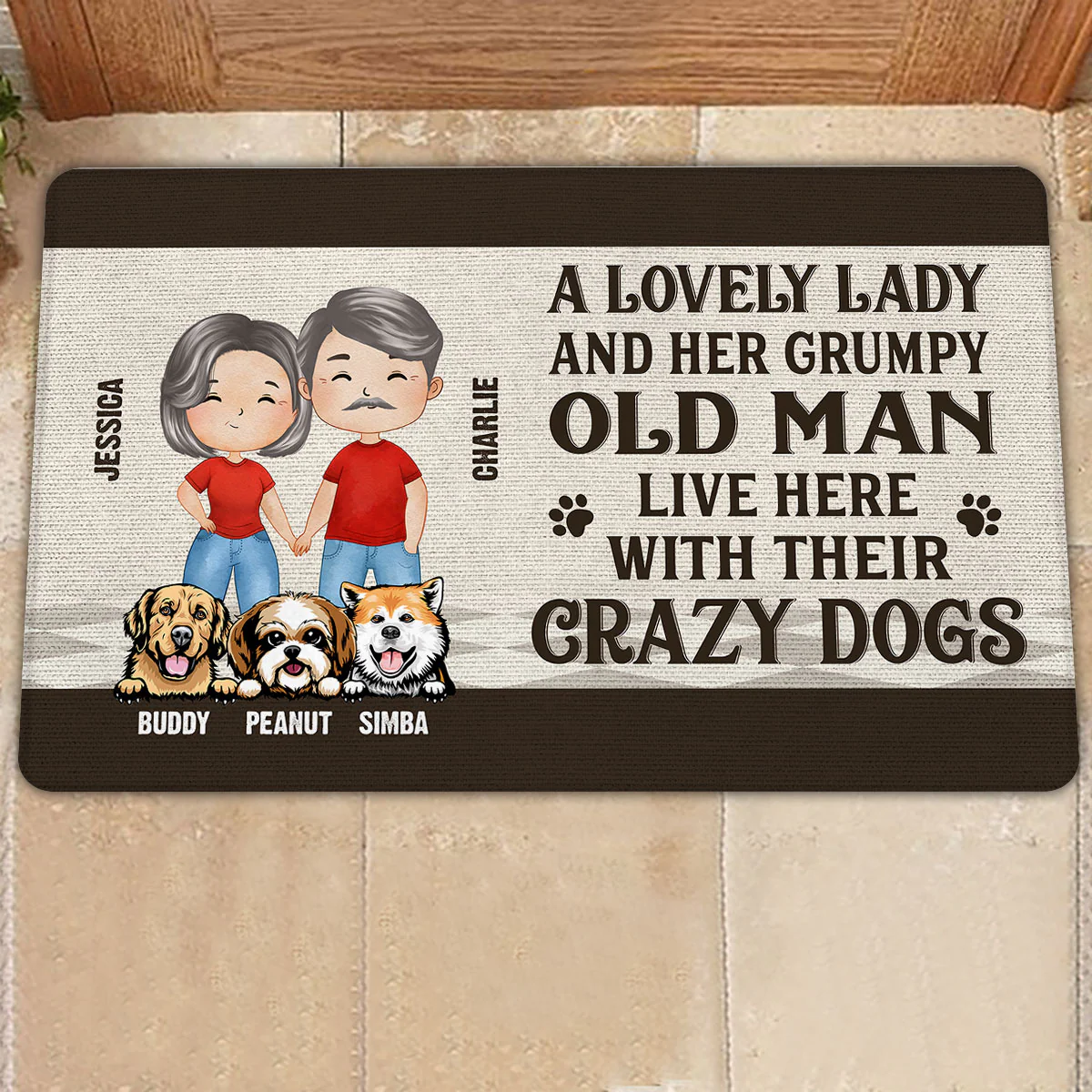 Lovely Lady Grumpy Old Man Watercolor Couple Dog Lovers Personalized Doormat - Image 4