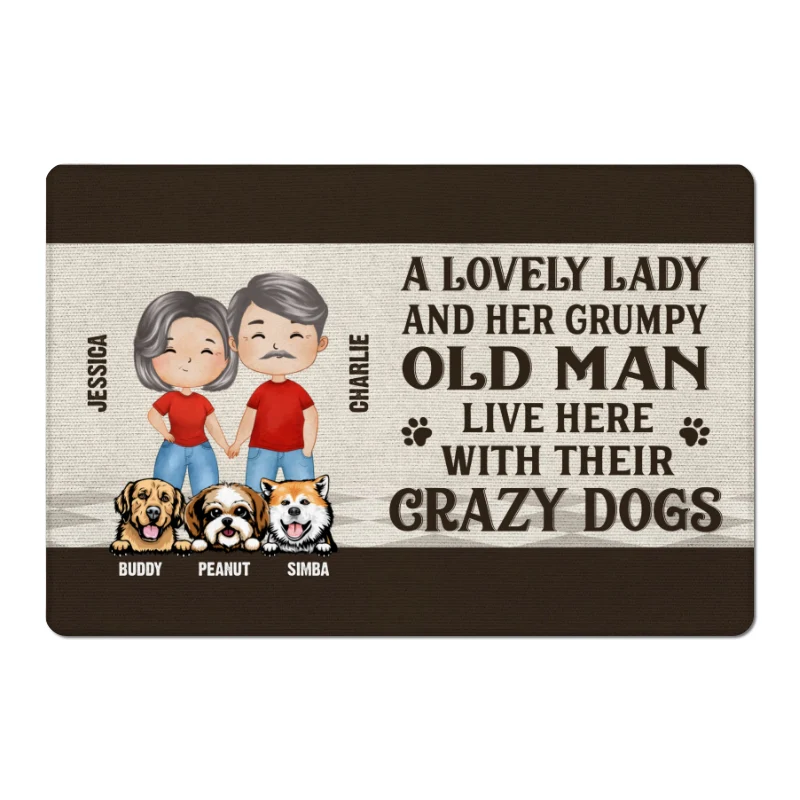 Lovely Lady Grumpy Old Man Watercolor Couple Dog Lovers Personalized Doormat - Image 6