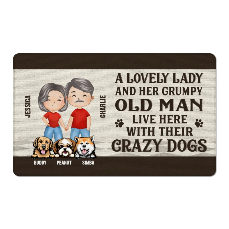 Lovely Lady Grumpy Old Man Watercolor Couple Dog Lovers Personalized Doormat - Image 7