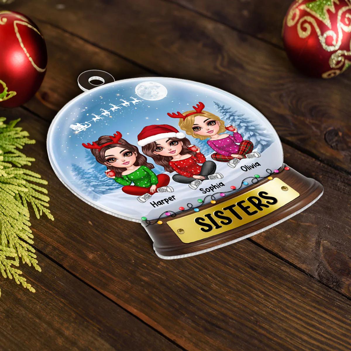 Lovely Sisters In Snow Globe Personalized Acrylic Ornament, Christmas Gift For Sisters - Image 3