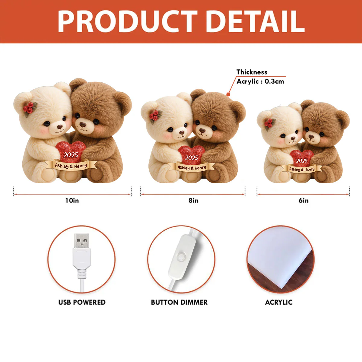 Loving Bear Couple - Personalized Light Box - Sentimental Gift for him, for her - Image 6