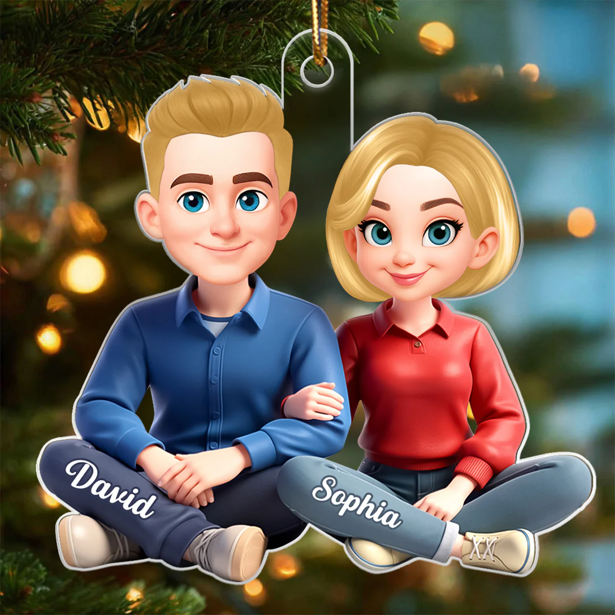 Loving Cartoon Couple Sitting Together - Personalized Acrylic Ornament - Christmas Gift for him, Gift for her - Image 4