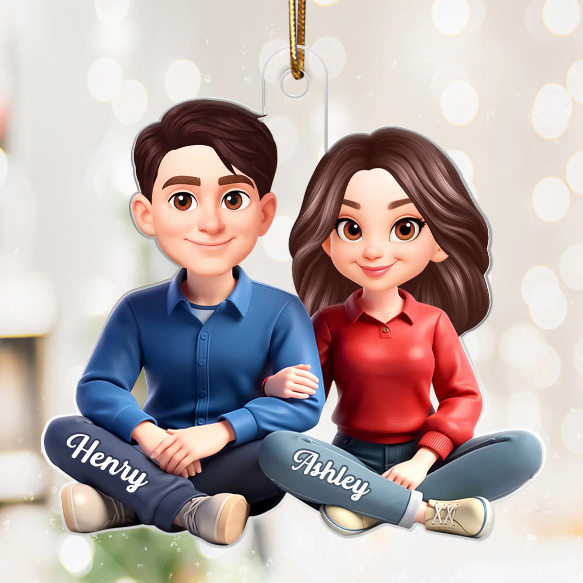 Loving Cartoon Couple Sitting Together - Personalized Acrylic Ornament - Christmas Gift for him, Gift for her - Image 5