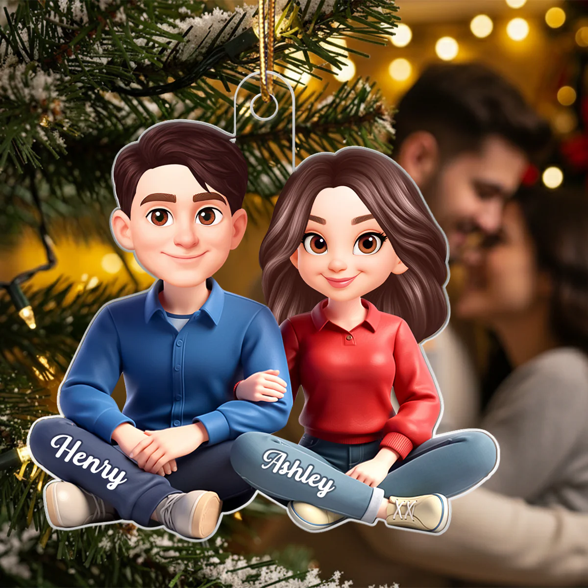 Loving Cartoon Couple Sitting Together - Personalized Acrylic Ornament - Christmas Gift for him, Gift for her - Image 7