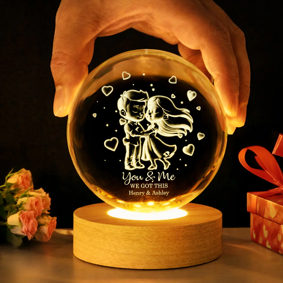 Loving Chibi Couple - Personalized Crystal Ball LED Night Light - Sentimental Valentine's Day Gift for Her, for Him - Image 3