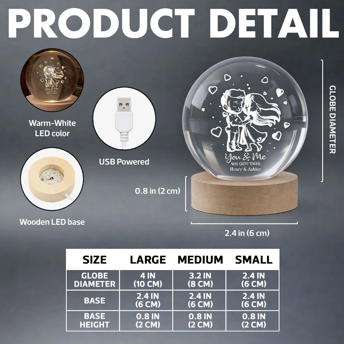 Loving Chibi Couple - Personalized Crystal Ball LED Night Light - Sentimental Valentine's Day Gift for Her, for Him - Image 7