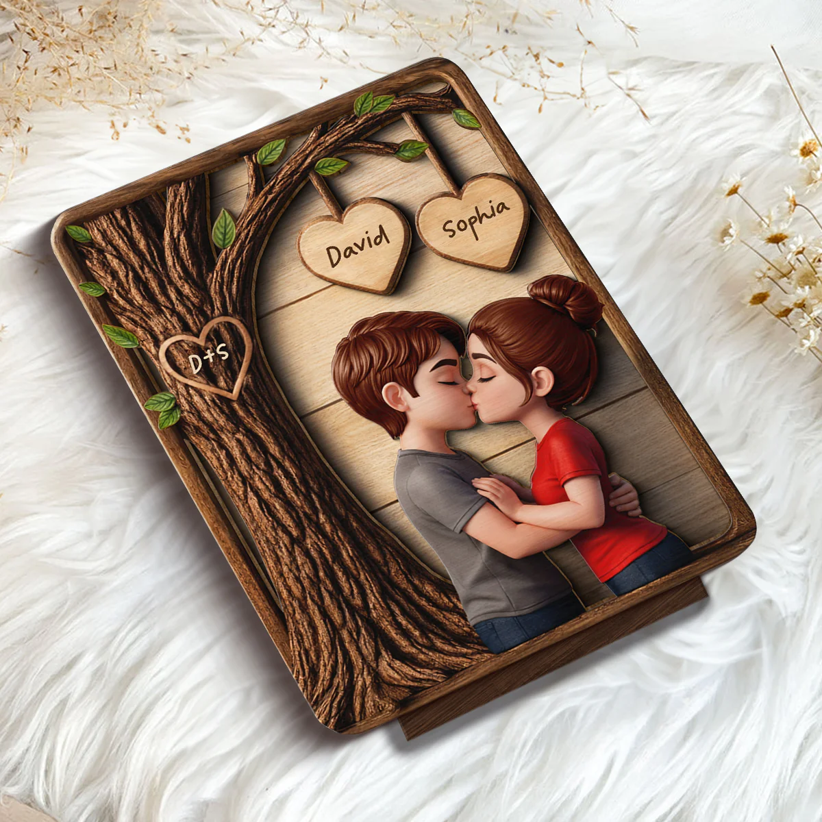 Loving Couple Kissing Under Tree - Personalized 2-Layered Wooden Plaque - Sentimental Valentine's Day Gift for Her, for Him - Image 2