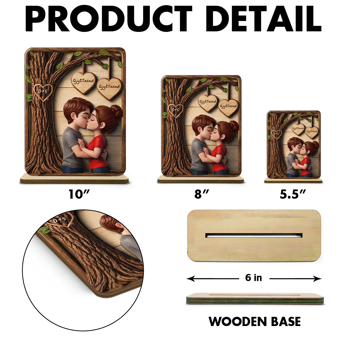 Loving Couple Kissing Under Tree - Personalized 2-Layered Wooden Plaque - Sentimental Valentine's Day Gift for Her, for Him - Image 7