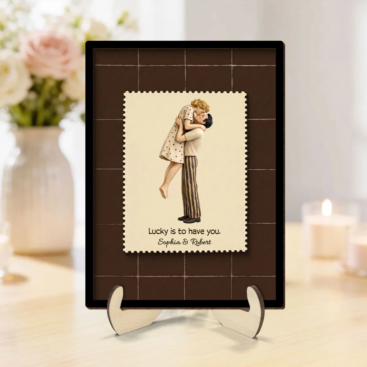 Lucky Is To Have You Mid-Century Couple - Personalized 2-Layered Wooden Plaque - Anniversary, Valentine's Day Gift, Gift For Him, Gift For Her