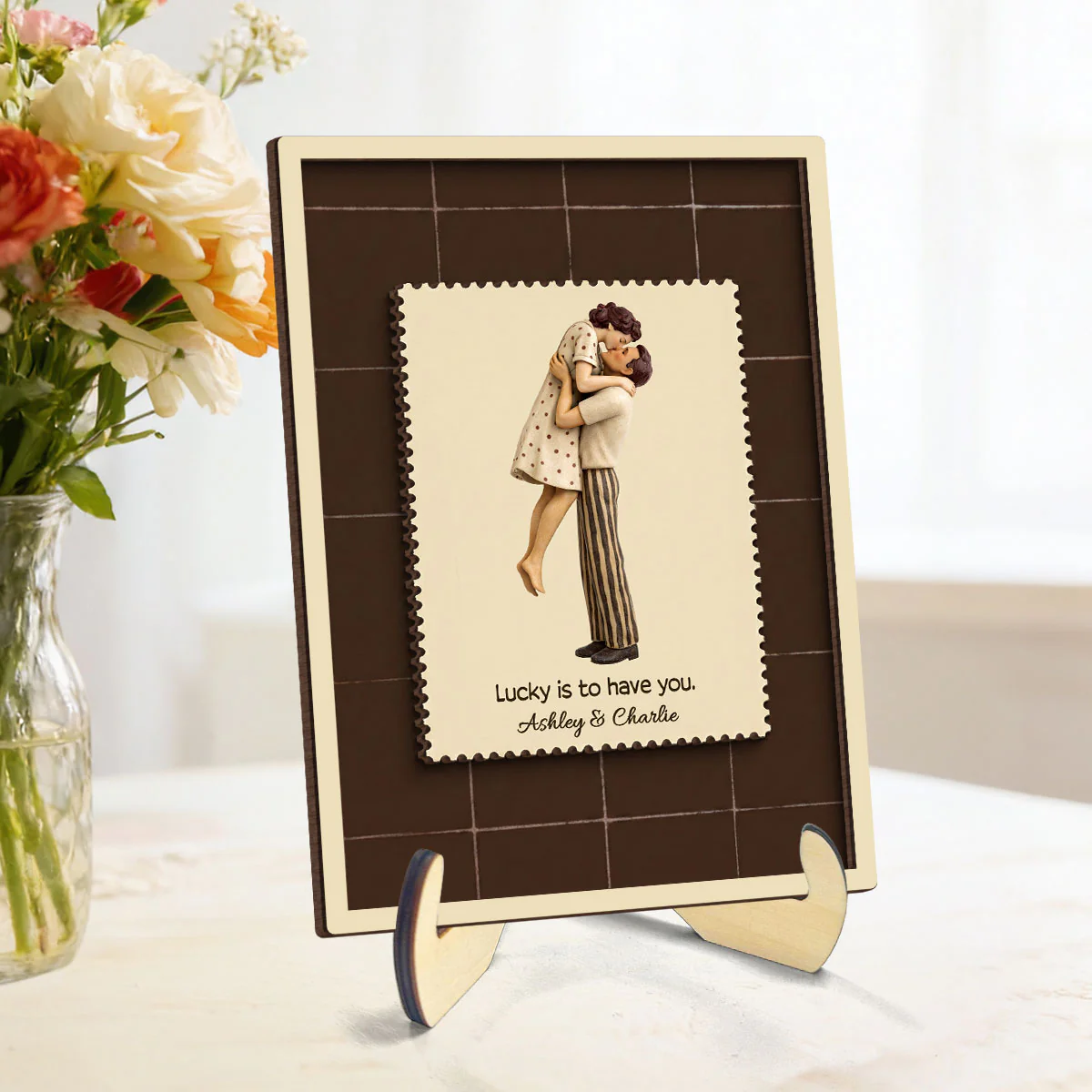 Lucky Is To Have You Mid-Century Couple - Personalized 2-Layered Wooden Plaque - Anniversary, Valentine's Day Gift, Gift For Him, Gift For Her - Image 2
