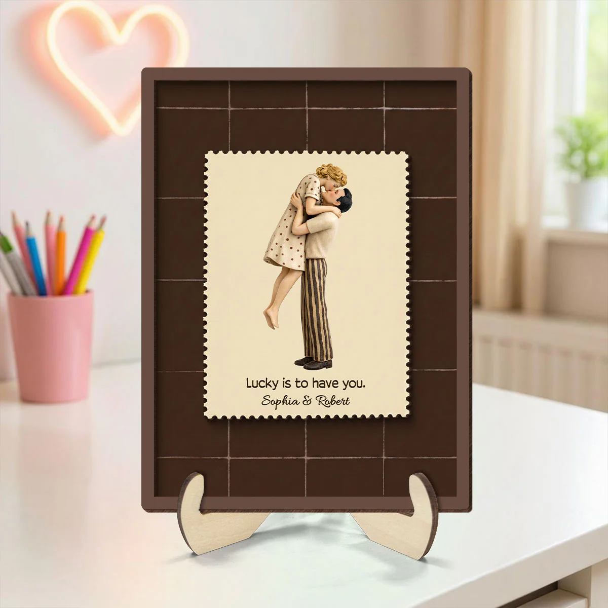 Lucky Is To Have You Mid-Century Couple - Personalized 2-Layered Wooden Plaque - Anniversary, Valentine's Day Gift, Gift For Him, Gift For Her - Image 3