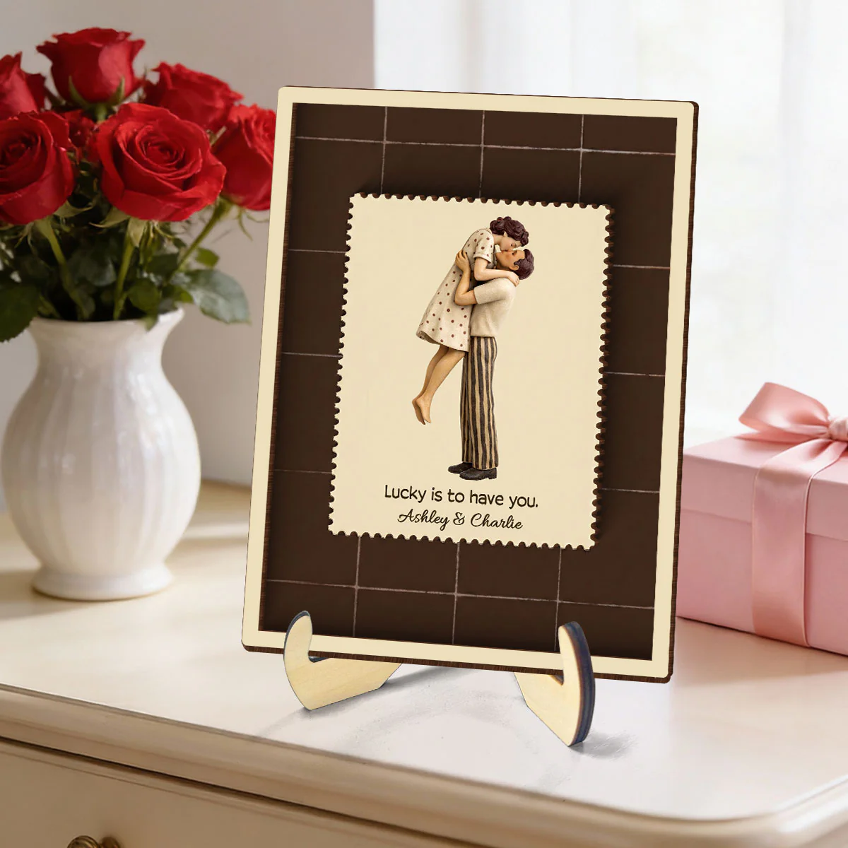 Lucky Is To Have You Mid-Century Couple - Personalized 2-Layered Wooden Plaque - Anniversary, Valentine's Day Gift, Gift For Him, Gift For Her - Image 5