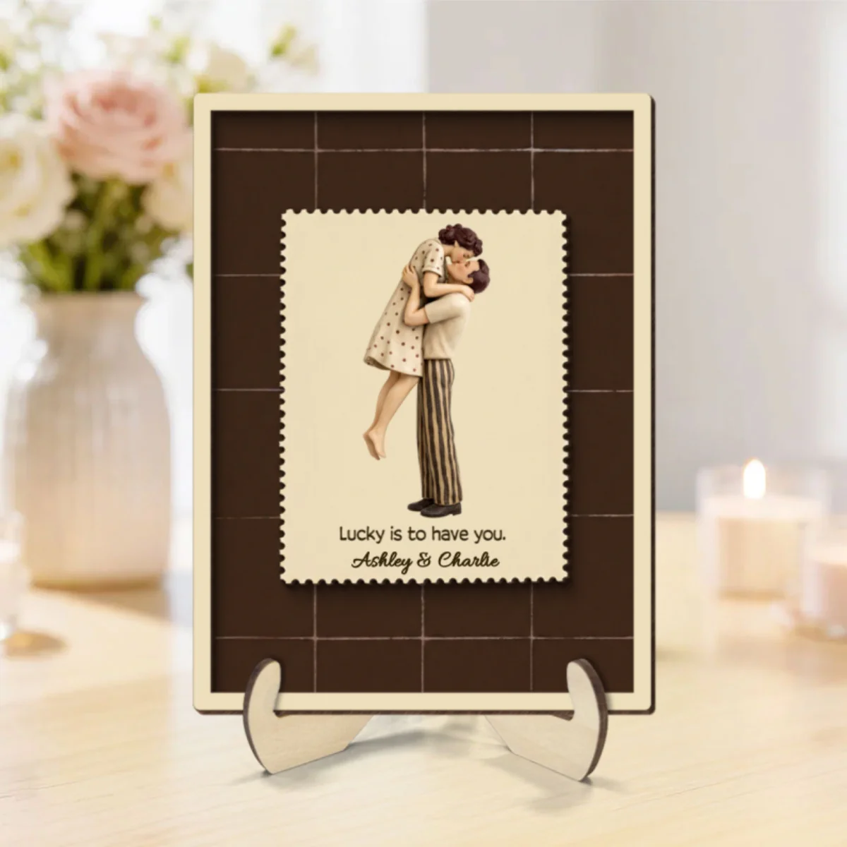 Lucky Is To Have You Mid-Century Couple - Personalized 2-Layered Wooden Plaque - Anniversary, Valentine's Day Gift, Gift For Him, Gift For Her - Image 9