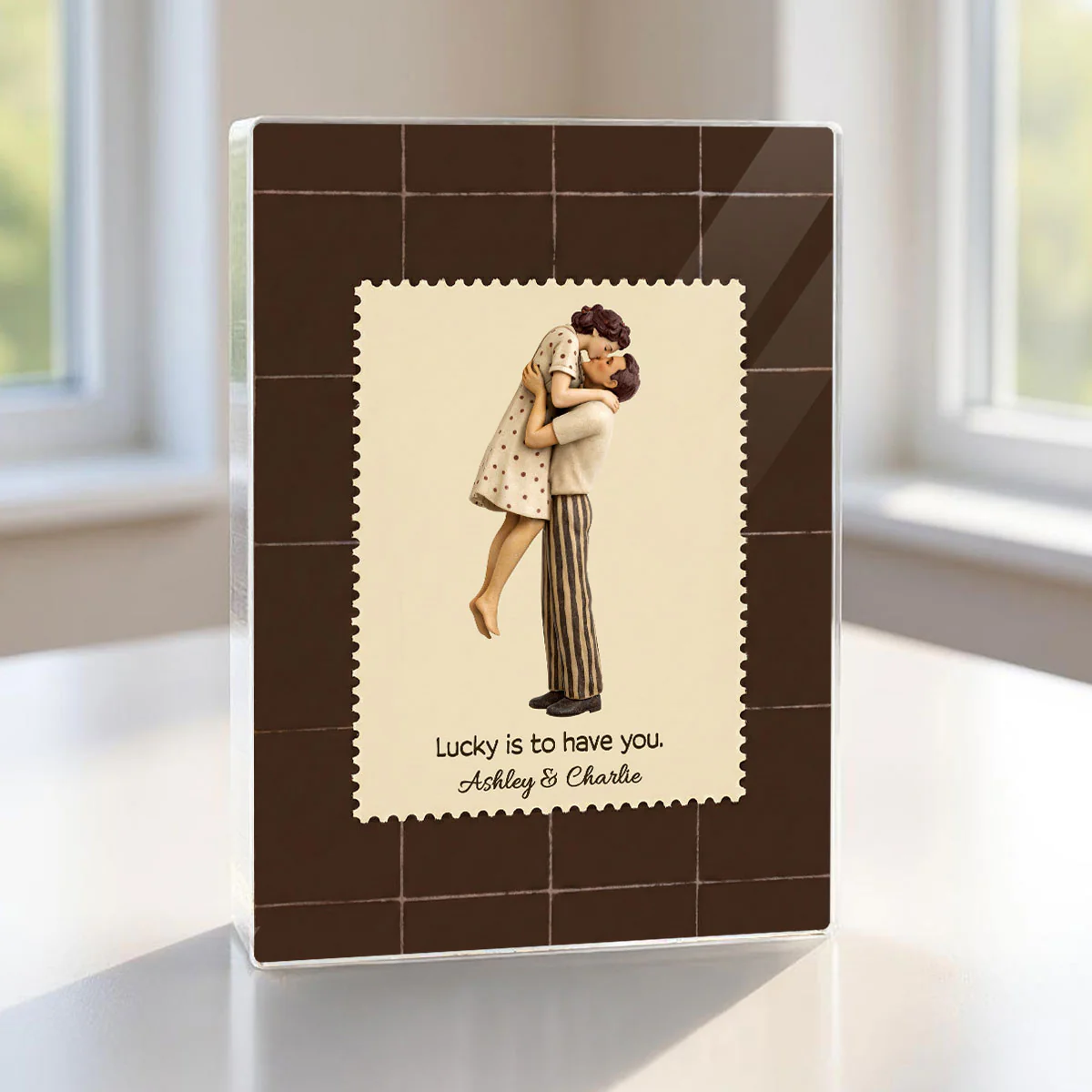 Lucky Is To Have You Mid-Century Couple - Personalized Acrylic Block Plaque - Anniversary, Valentine's Day Gift, Gift For Him, Gift For Her - Image 2
