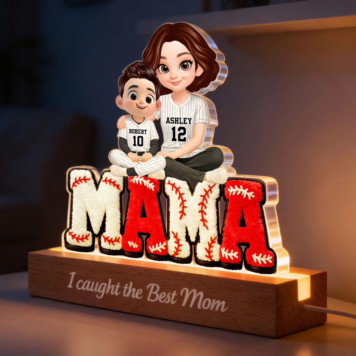 Mama Baseball And Kids - Personalized Acrylic Block LED Night Light - Heartfelt Gift For Mom, Grandma - Image 2