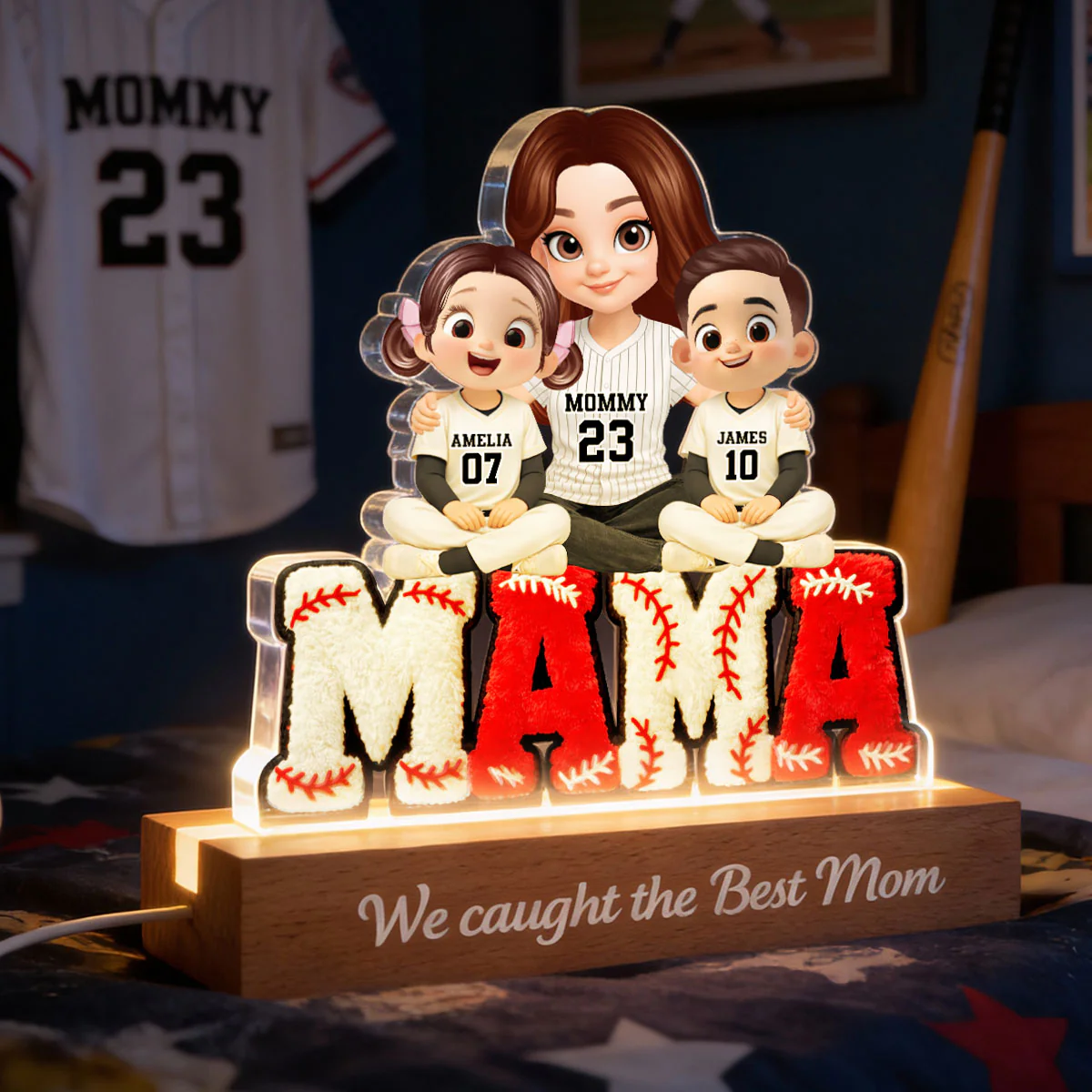 Mama Baseball And Kids - Personalized Acrylic Block LED Night Light - Heartfelt Gift For Mom, Grandma - Image 3