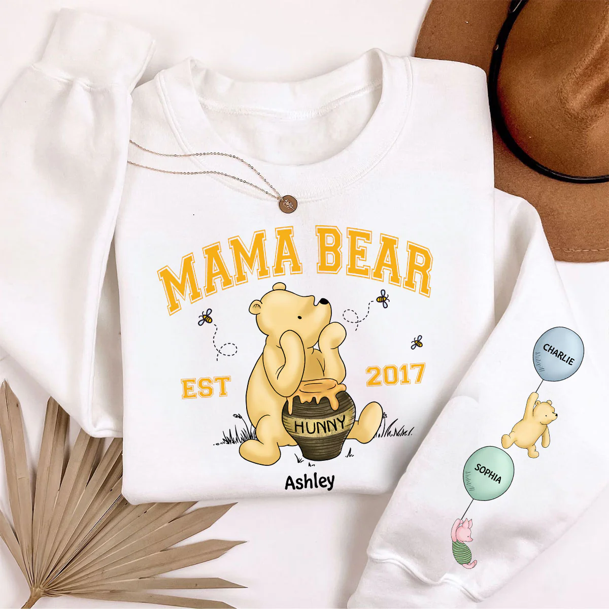 Mama Bear Est. Cute Characters With Balloon Personalized Sleeve Printed Sweatshirt - Image 5