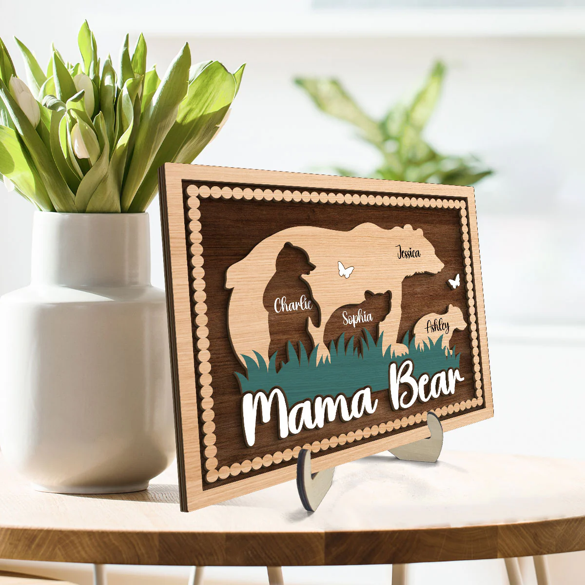 Mama Bear With Kids Names Personalized 2-Layer Wooden Plaque - Image 3