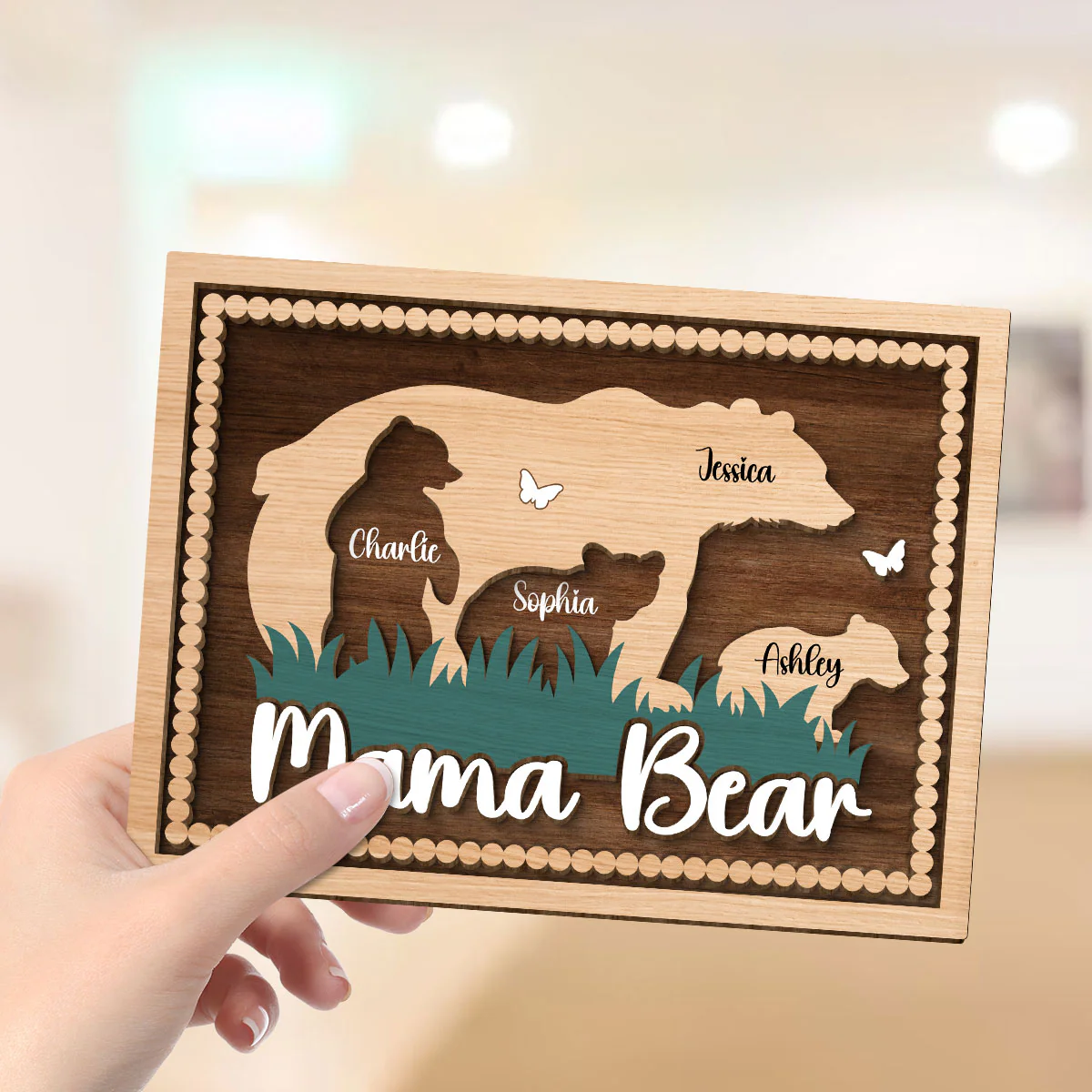 Mama Bear With Kids Names Personalized 2-Layer Wooden Plaque - Image 4