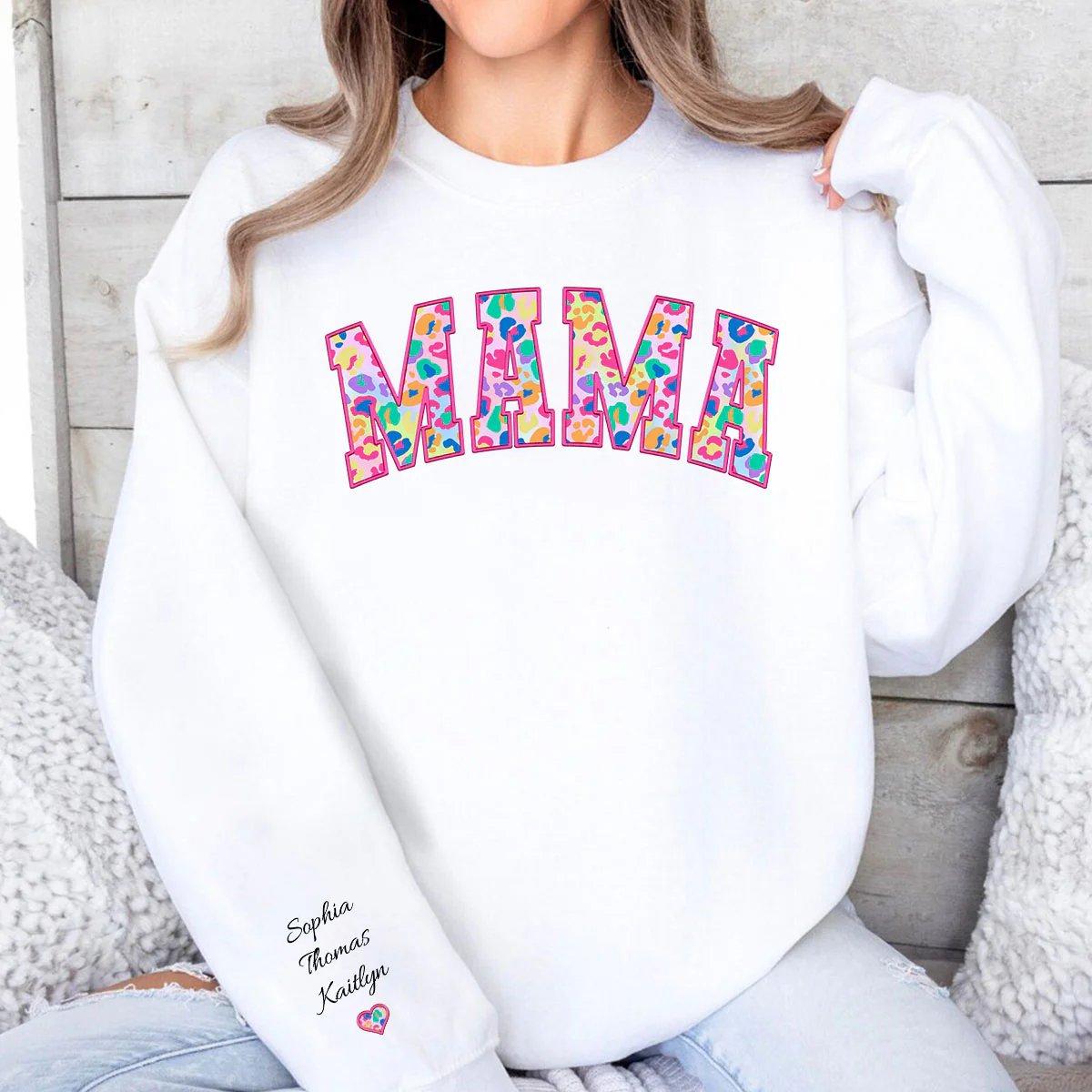 Mama Colorful Leopard Kids Names On Sleeve Personalized Sleeve Printed Sweatshirt - Image 2