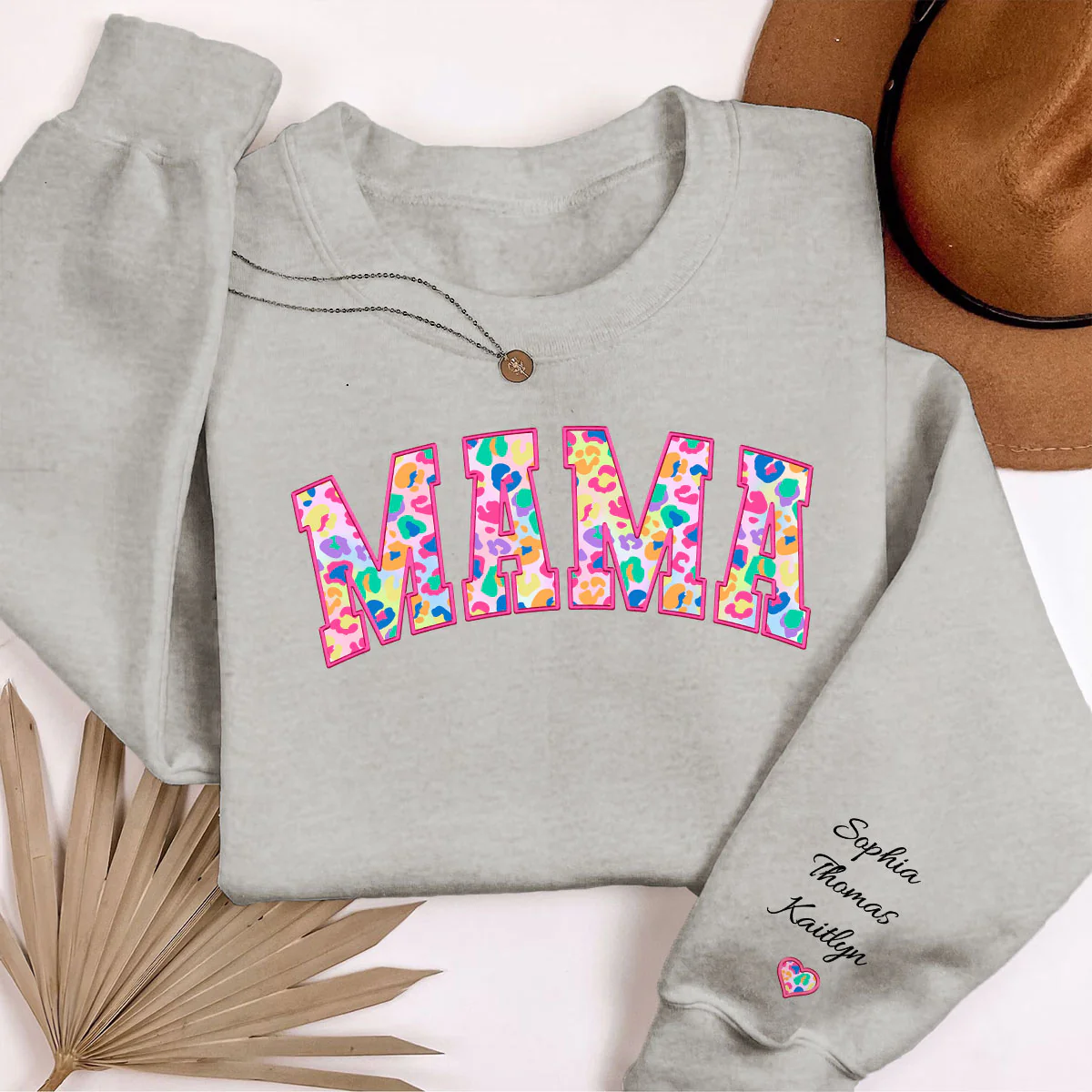 Mama Colorful Leopard Kids Names On Sleeve Personalized Sleeve Printed Sweatshirt - Image 3