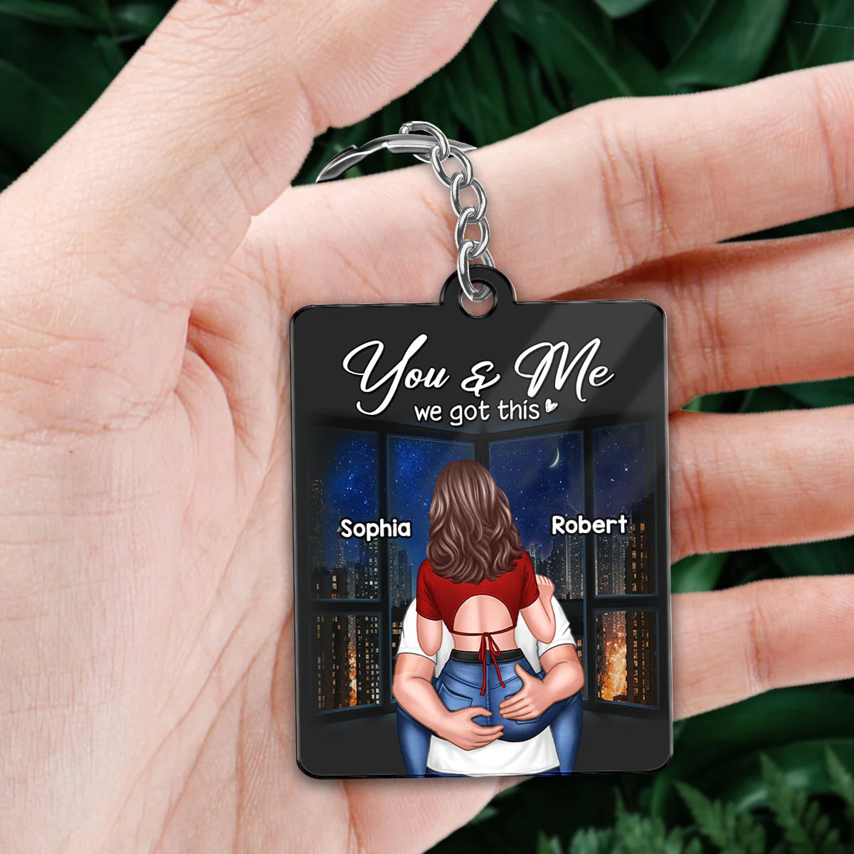 Man Holding Woman Back View At Night Favorite Song QR Code Personalized Acrylic Keychain - Image 2