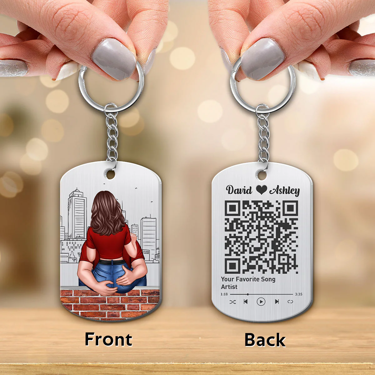 Man Holding Woman Back View Favorite Song QR Code Personalized Metal Keychain - Image 3