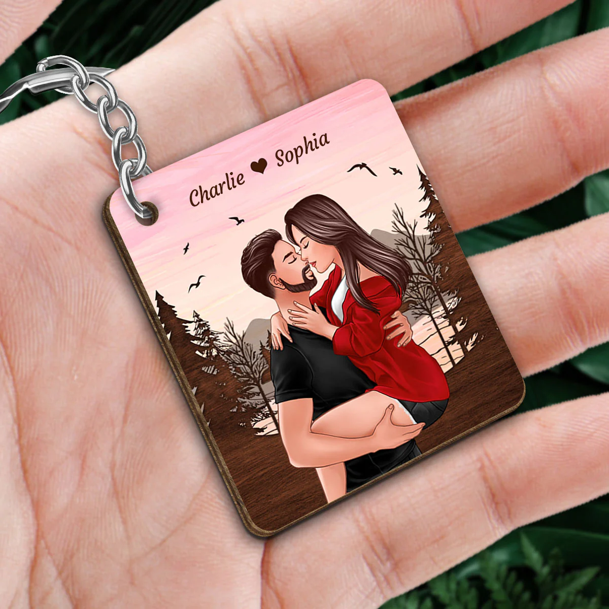 Man Holding Woman Kissing Anniversary Calendar Gift Personalized Wooden Keychain - Image 2