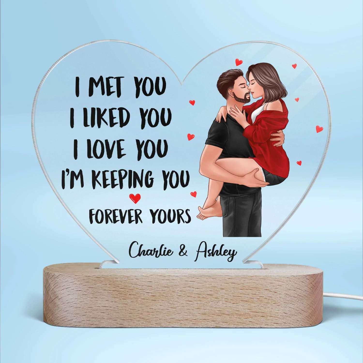 Man Holding Woman Kissing Gift For Him For Her Personalized Acrylic Heart Plaque With LED Night Light - Image 2