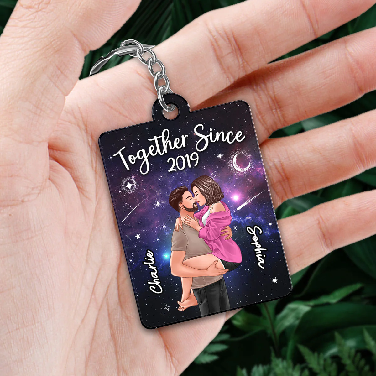 Man Holding Woman Kissing In Galaxy Night Favorite Song Scannable QR Code Personalized Acrylic Keychain - Image 2