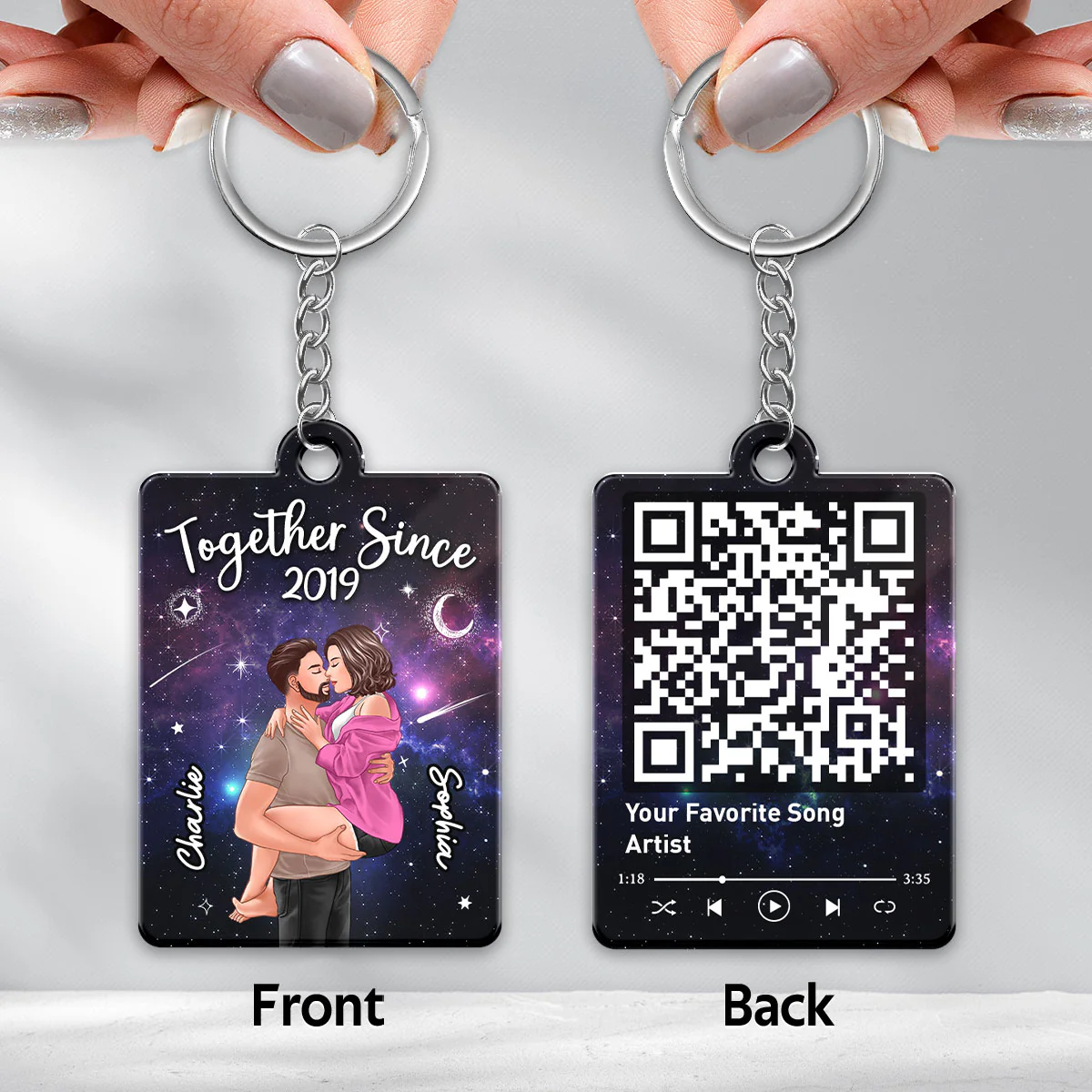 Man Holding Woman Kissing In Galaxy Night Favorite Song Scannable QR Code Personalized Acrylic Keychain - Image 3