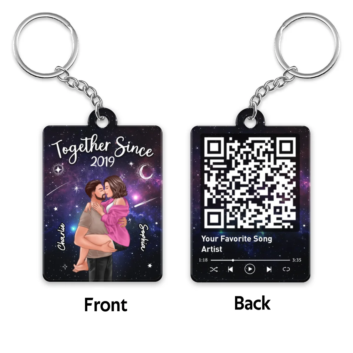 Man Holding Woman Kissing In Galaxy Night Favorite Song Scannable QR Code Personalized Acrylic Keychain - Image 4