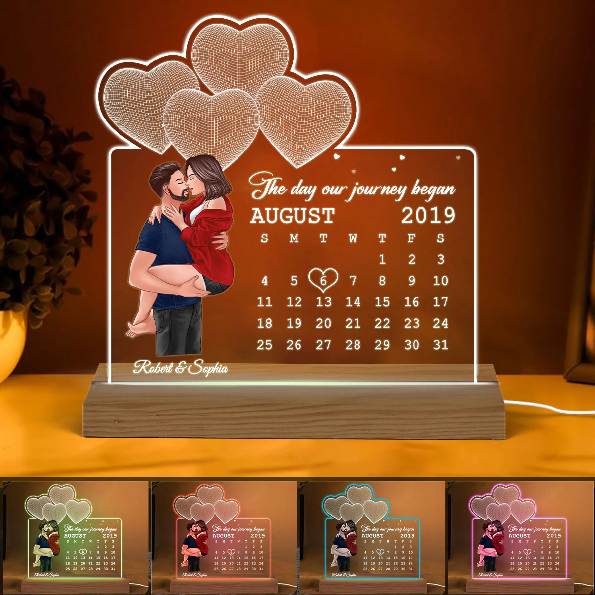 Man Holding Woman Kissing Under 3D Heart Anniversary Date Calendar Personalized Custom Shape Acrylic Plaque With LED Night Light