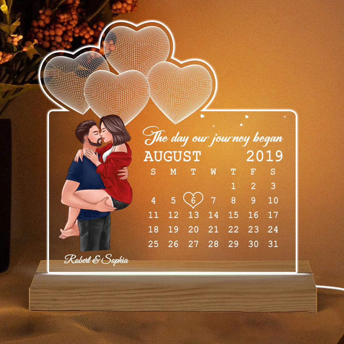Man Holding Woman Kissing Under 3D Heart Anniversary Date Calendar Personalized Custom Shape Acrylic Plaque With LED Night Light - Image 2