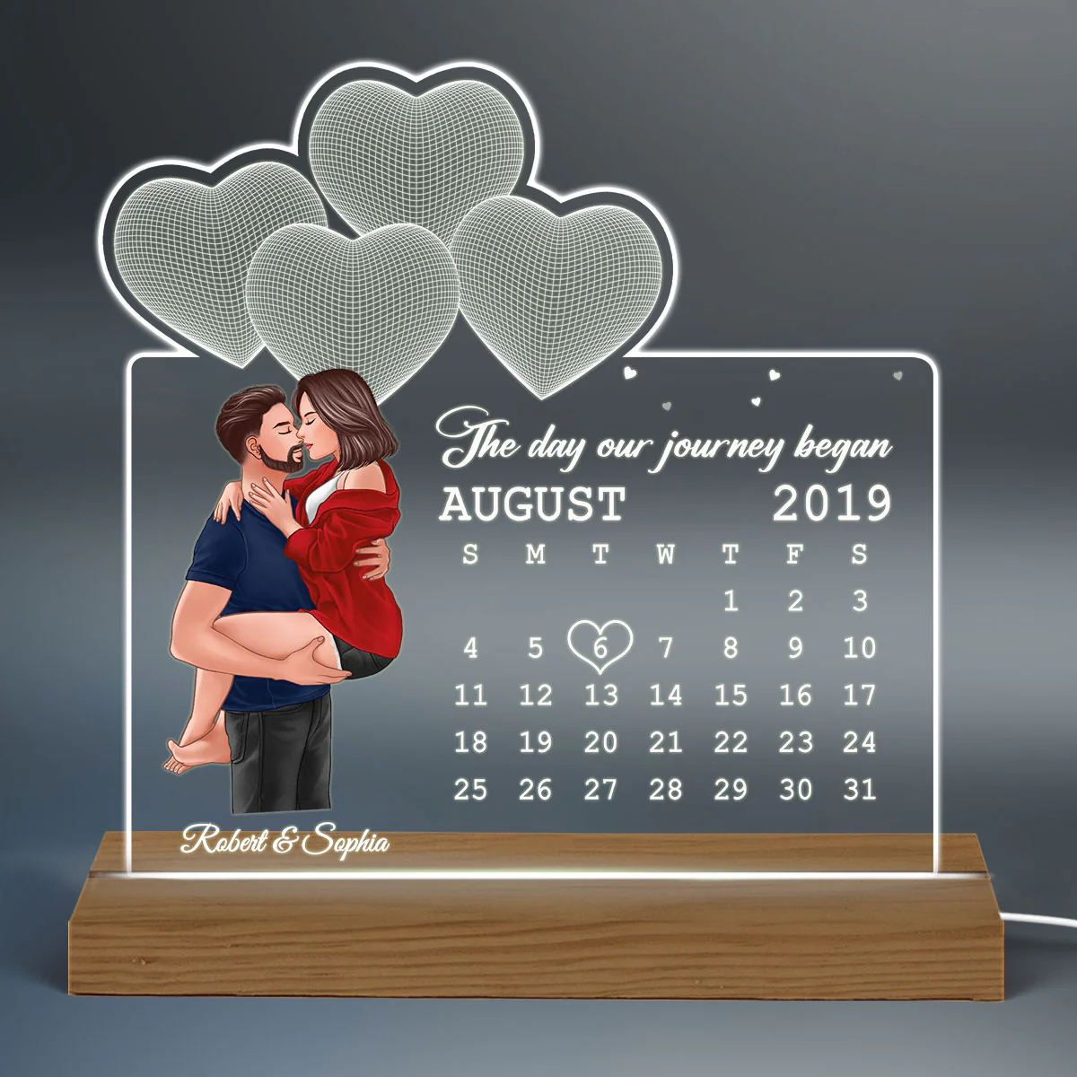 Man Holding Woman Kissing Under 3D Heart Anniversary Date Calendar Personalized Custom Shape Acrylic Plaque With LED Night Light - Image 3