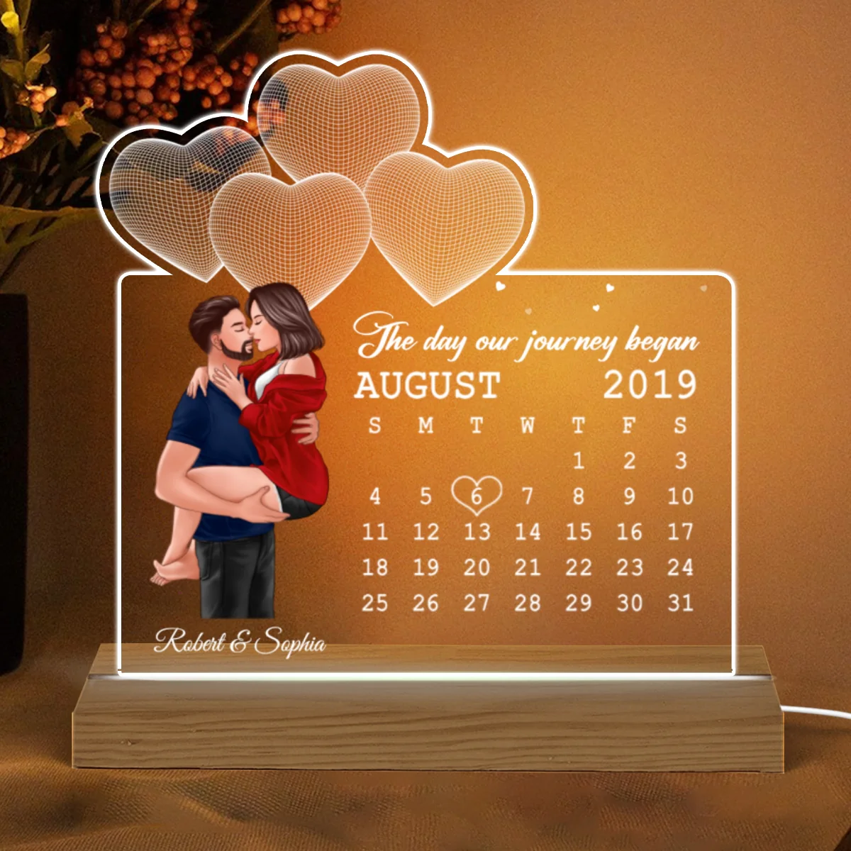 Man Holding Woman Kissing Under 3D Heart Anniversary Date Calendar Personalized Custom Shape Acrylic Plaque With LED Night Light - Image 5
