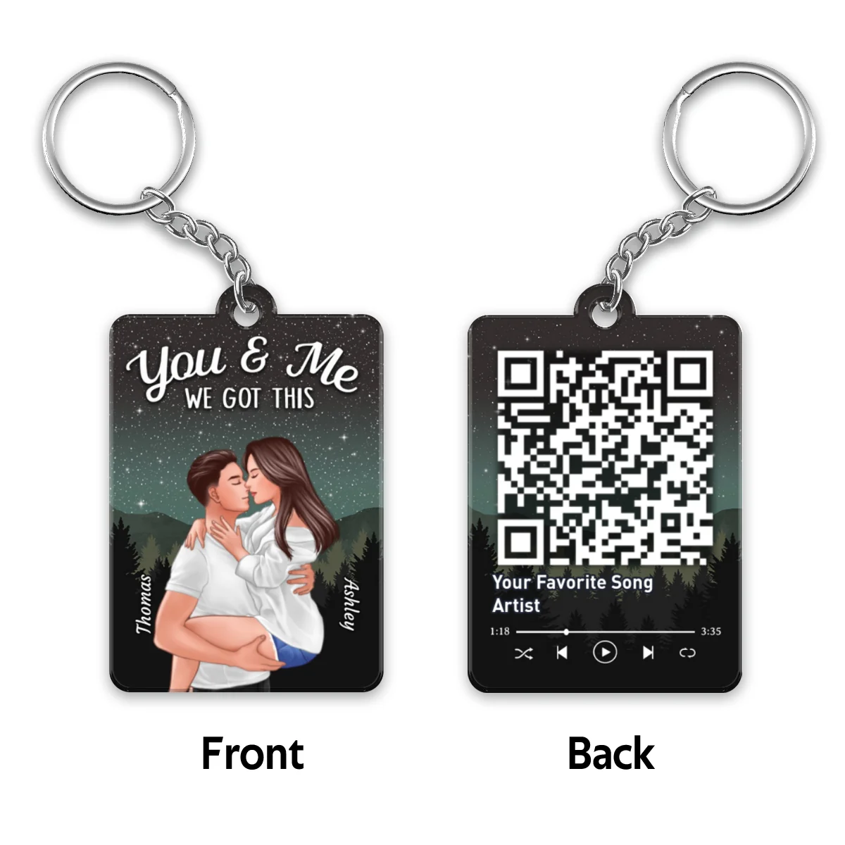 Man Holding Woman Kissing Under Stars Sky Forest Favorite Song QR Code Personalized Acrylic Keychain - Image 4