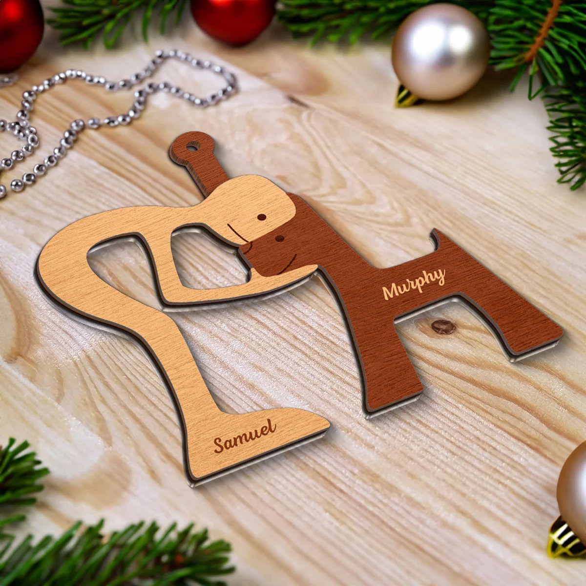 Man Woman And Dog Cat Illustration Personalized 2-Layer Wooden Ornament, Christmas Gift For Dog Lovers, Cat Lovers - Image 4